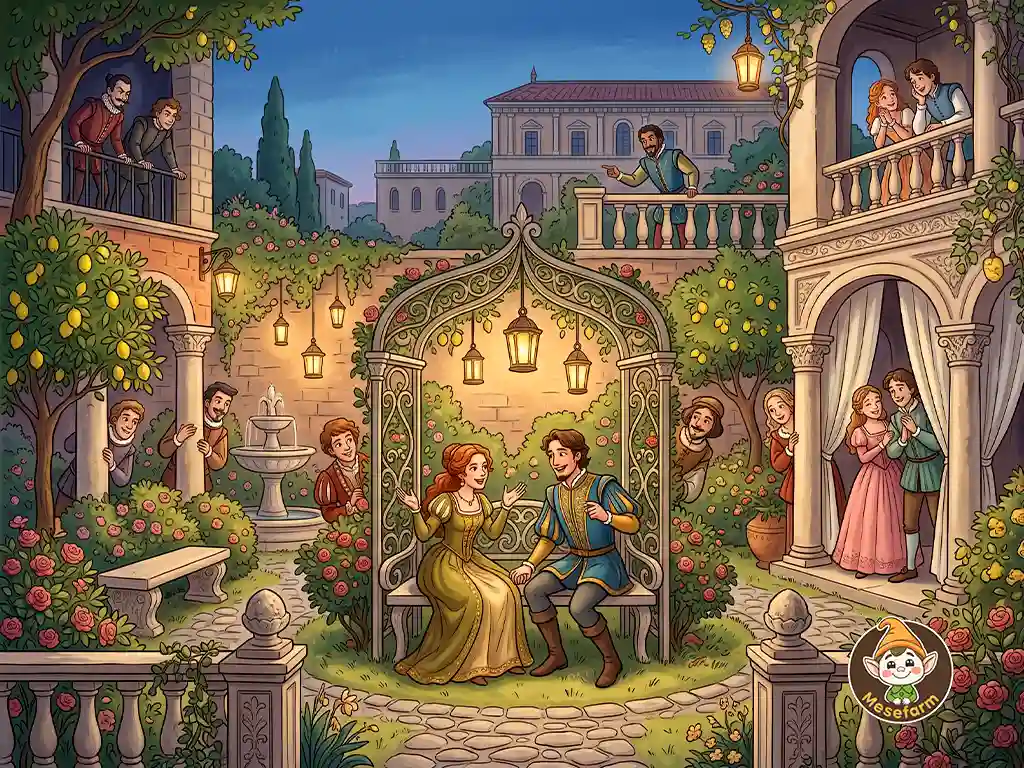 Sz&iacute;nes illusztr&aacute;ci&oacute; a Sok hűh&oacute; semmi&eacute;rt c&iacute;mű Shakespeare-mes&eacute;hez. A k&eacute;pen renesz&aacute;nsz ruh&aacute;ba &ouml;lt&ouml;z&ouml;tt szerelmesek besz&eacute;lgetnek egy lampionokkal kivil&aacute;g&iacute;tott vir&aacute;gos lugasban, mik&ouml;zben a h&aacute;tt&eacute;rből a t&ouml;rt&eacute;net t&ouml;bbi szereplője titokban, mosolyogva figyeli &eacute;s hallgatja őket.