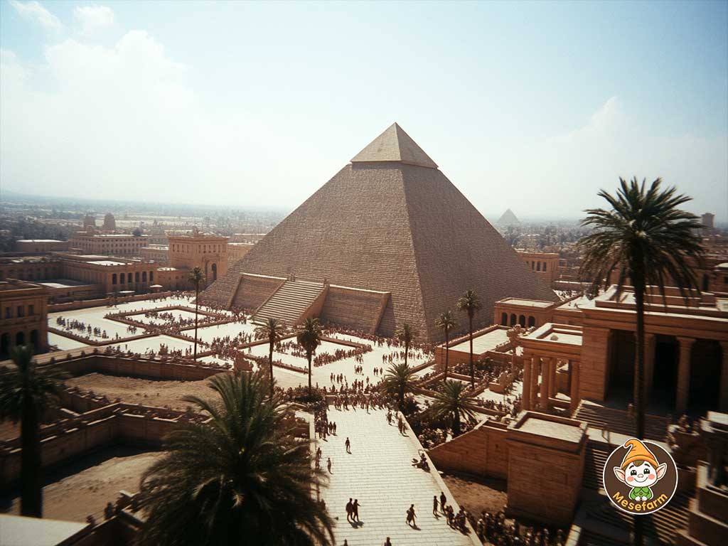 Az &oacute;kori Egyiptom egyik piramisa f&eacute;nykor&aacute;ban, k&ouml;r&uuml;l&ouml;tte pezsgő v&aacute;rosi &eacute;let, p&aacute;lmaf&aacute;k, templomok &eacute;s a piramis l&eacute;pcsőin&eacute;l ny&uuml;zsgő emberek l&aacute;that&oacute;k, a h&aacute;tt&eacute;rben pedig a sivatagi t&aacute;j bontakozik ki.