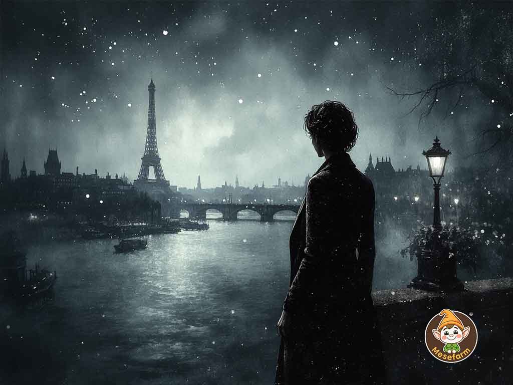 Egy f&eacute;rfi &aacute;ll a p&aacute;rizsi Szajna-parton, h&aacute;tt&eacute;rben az Eiffel-toronnyal, k&ouml;d&ouml;s &eacute;jszakai v&aacute;rosk&eacute;ppel &ndash; k&ouml;lt&eacute;szeti illusztr&aacute;ci&oacute; Babits vers&eacute;hez
