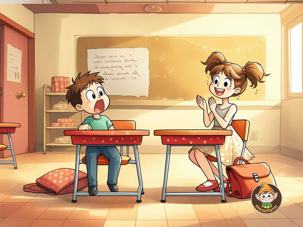 Piros iskolapadok h&oacute;feh&eacute;r pettyekkel, egy meglepett fi&uacute; &eacute;s &ouml;r&ouml;mteli l&aacute;ny reakci&oacute;ja a tanteremben &ndash; humoros iskolai illusztr&aacute;ci&oacute;